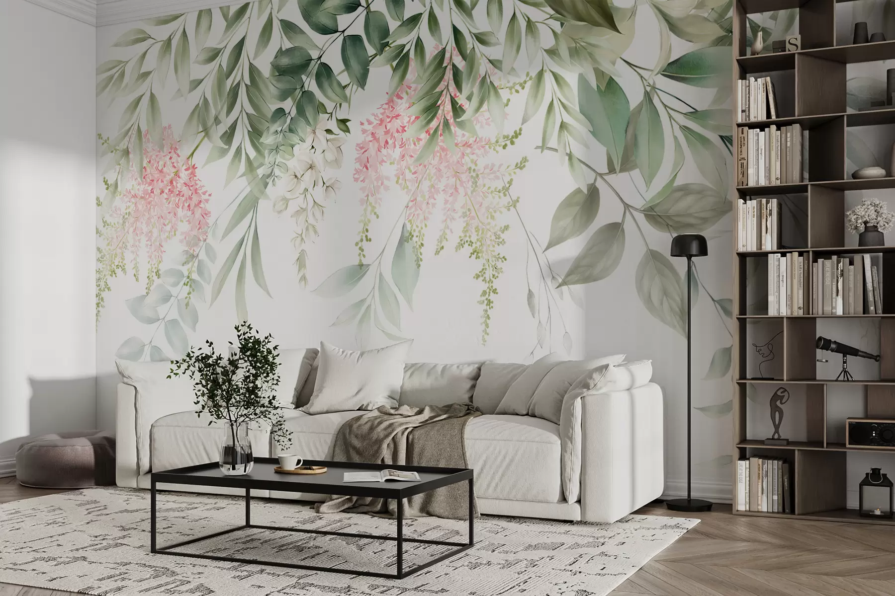 murais de parede Folhagem com flores cor de rosa u95923