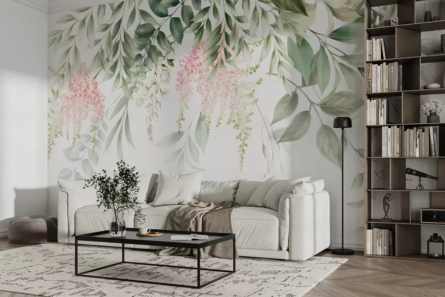 murais de parede Folhagem com flores cor de rosa u95923