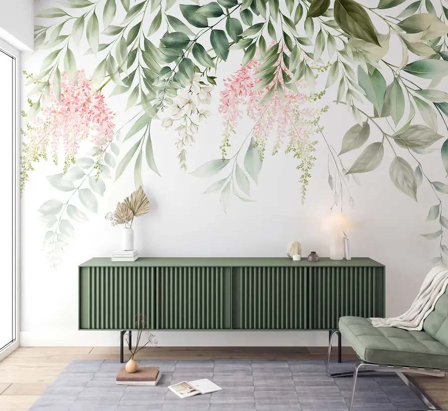 murais de parede Folhagem com flores cor de rosa u95923
