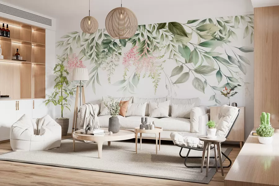 murais de parede Folhagem com flores cor de rosa u95923