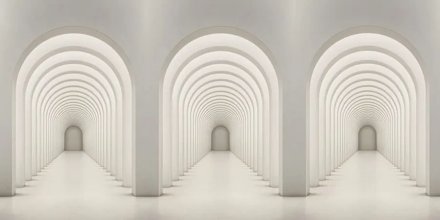 murais de parede Arco de concreto branco alinhado em uma longa linha com luz u96604