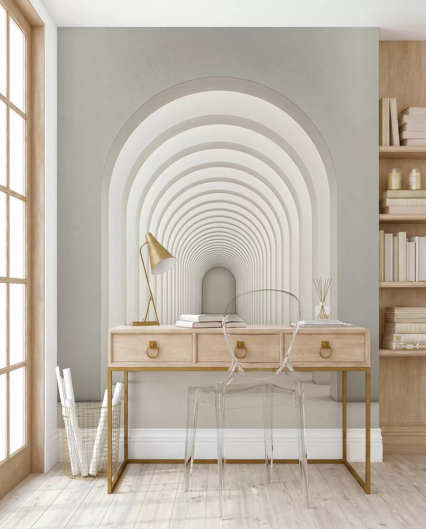 murais de parede Arco de concreto branco alinhado em uma longa linha com luz u96604