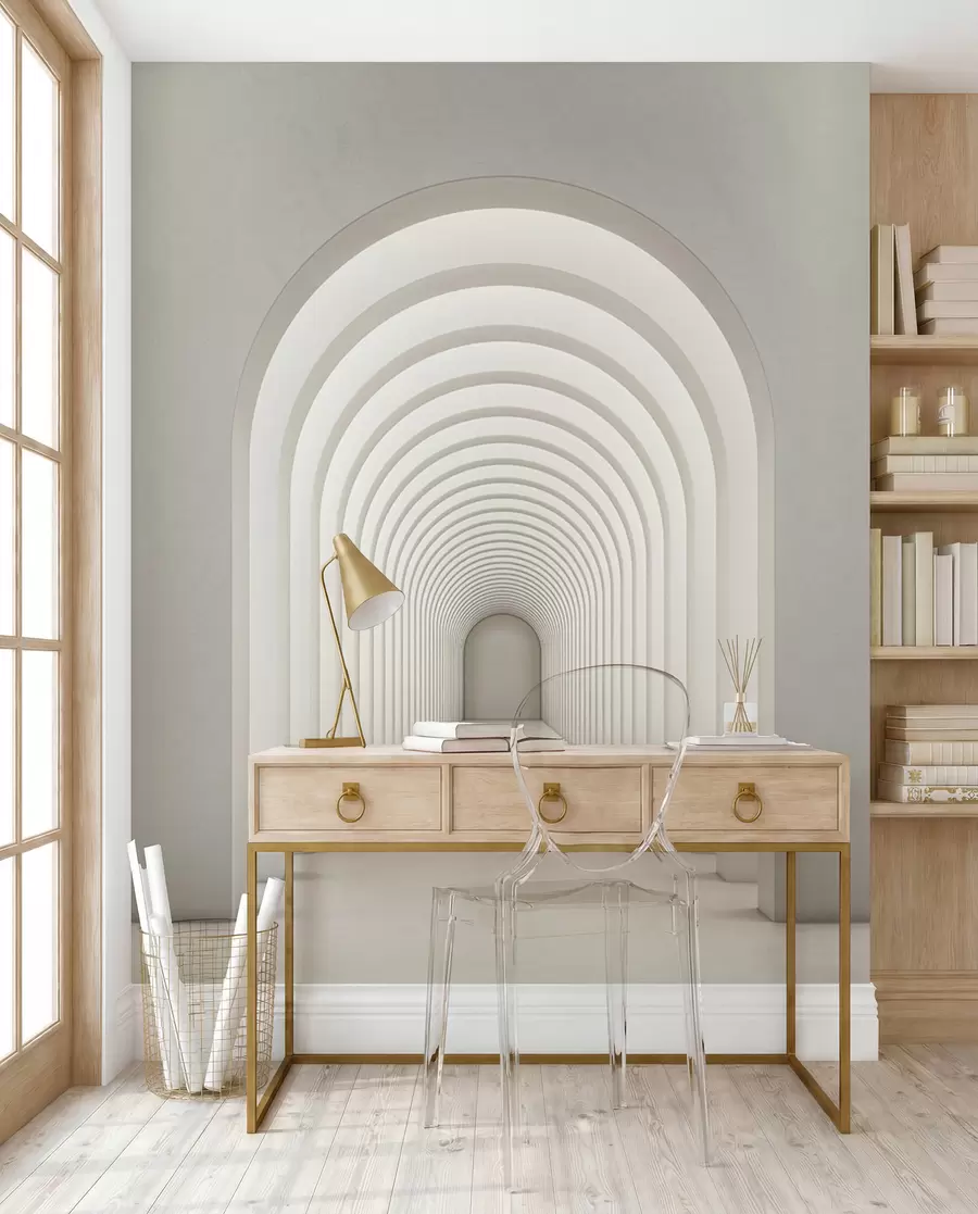 murais de parede Arco de concreto branco alinhado em uma longa linha com luz u96604