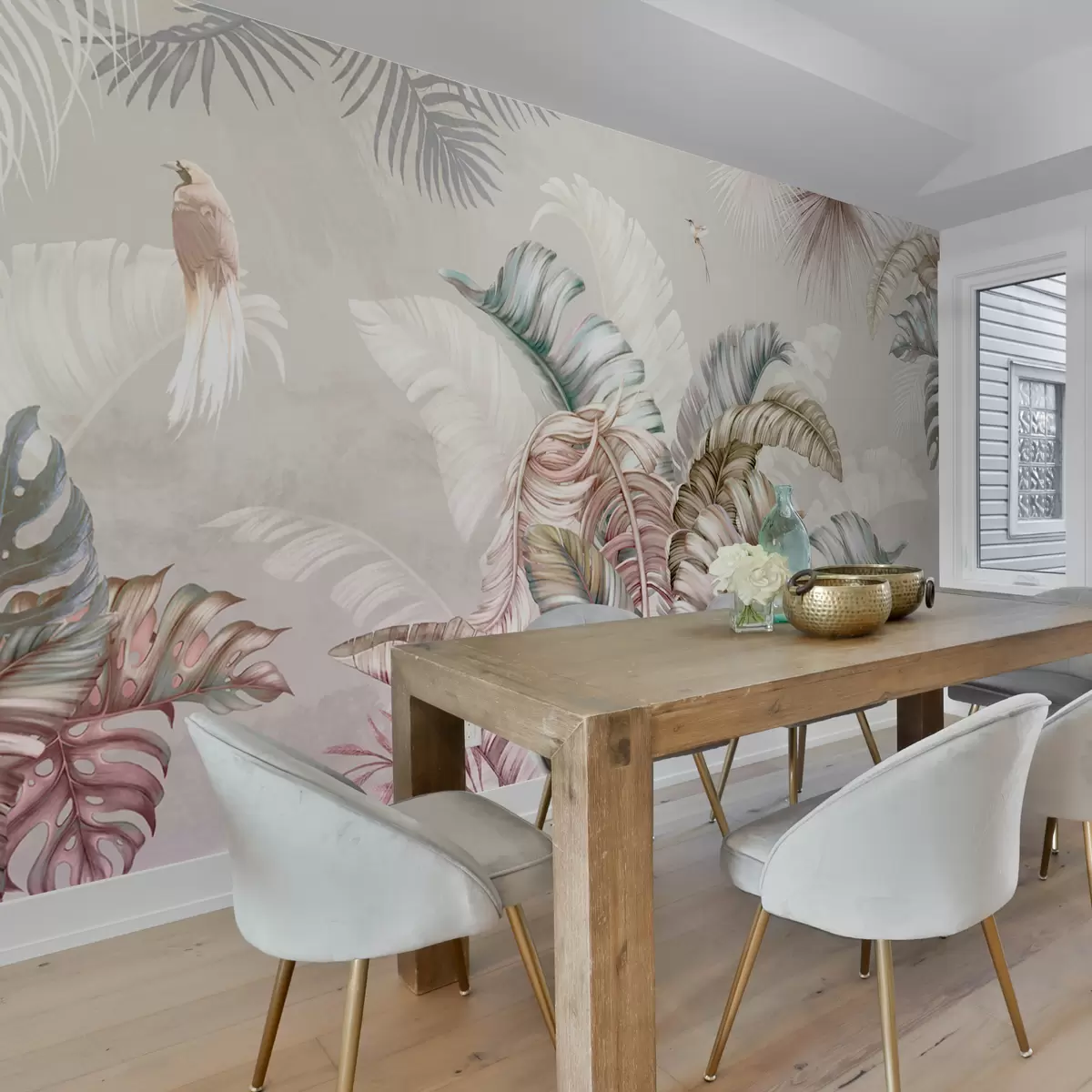 murais de parede Ilustração tropical com folhas de bananeira e pássaros u96254