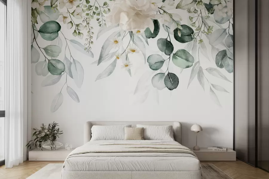 murais de parede Aquarela folhas verdes com flores u96336