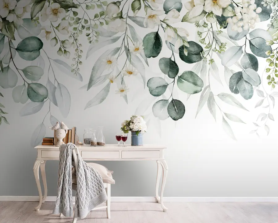 murais de parede Aquarela folhas verdes com flores u96336