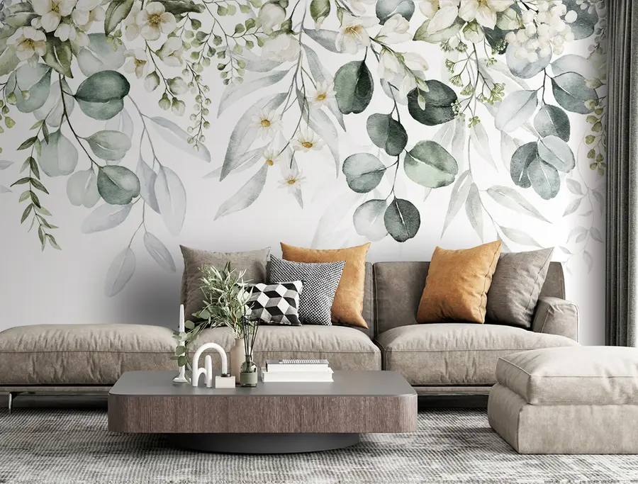 murais de parede Aquarela folhas verdes com flores u96336