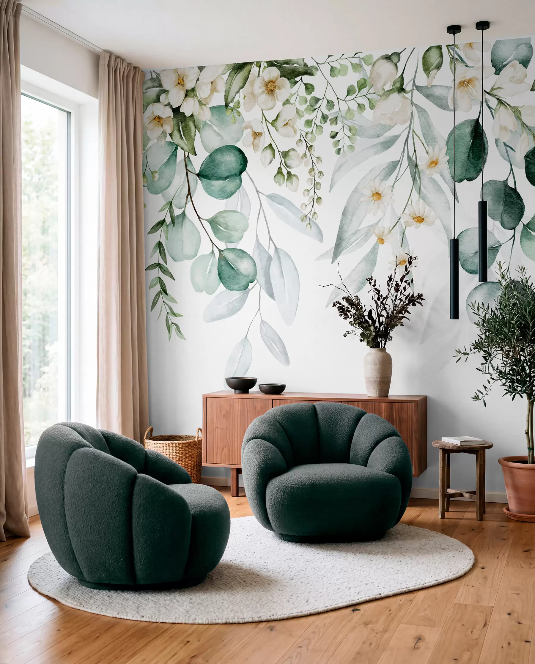murais de parede Aquarela folhas verdes com flores u96336