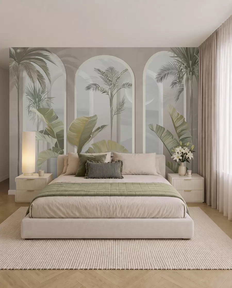 murais de parede Folhas 3D tropicais com palmas e colunas u96402