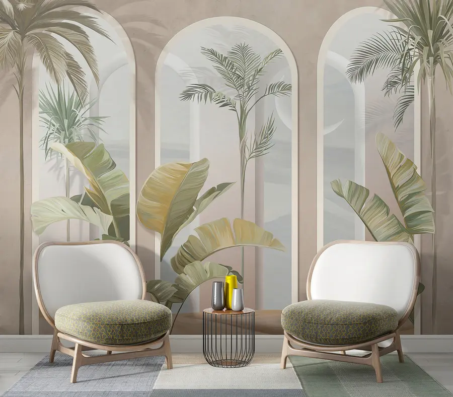 murais de parede Folhas 3D tropicais com palmas e colunas u96402
