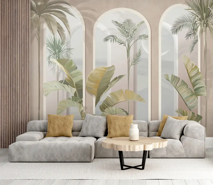 murais de parede Folhas 3D tropicais com palmas e colunas u96402