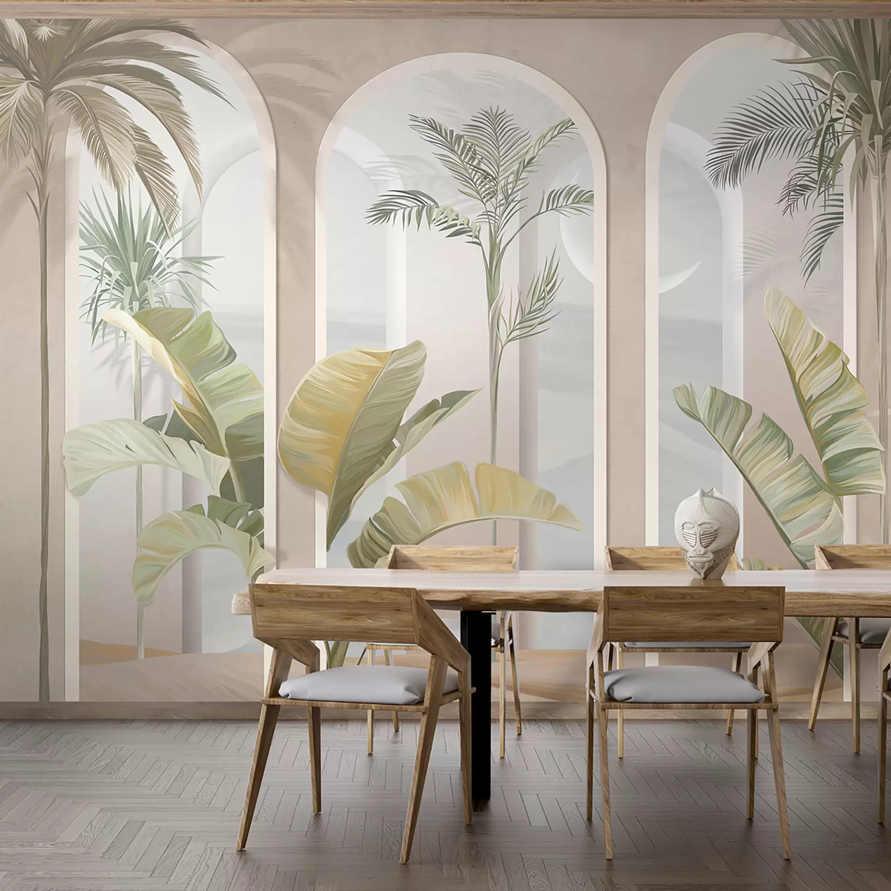murais de parede Folhas 3D tropicais com palmas e colunas u96402