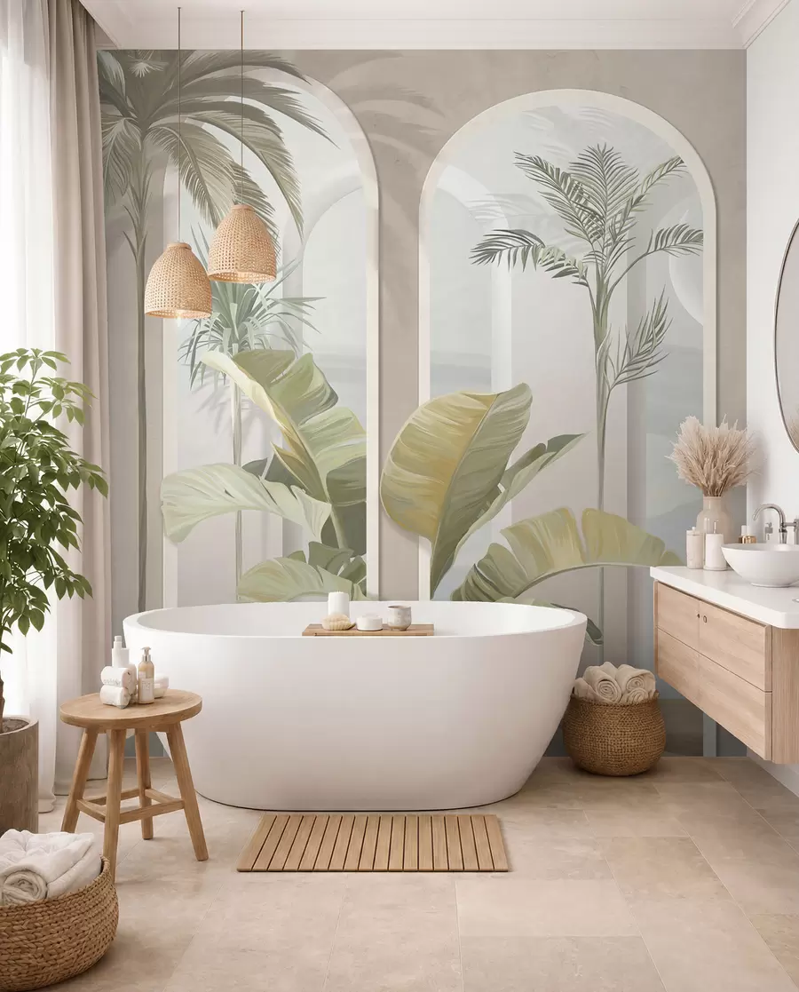 murais de parede Folhas 3D tropicais com palmas e colunas u96402