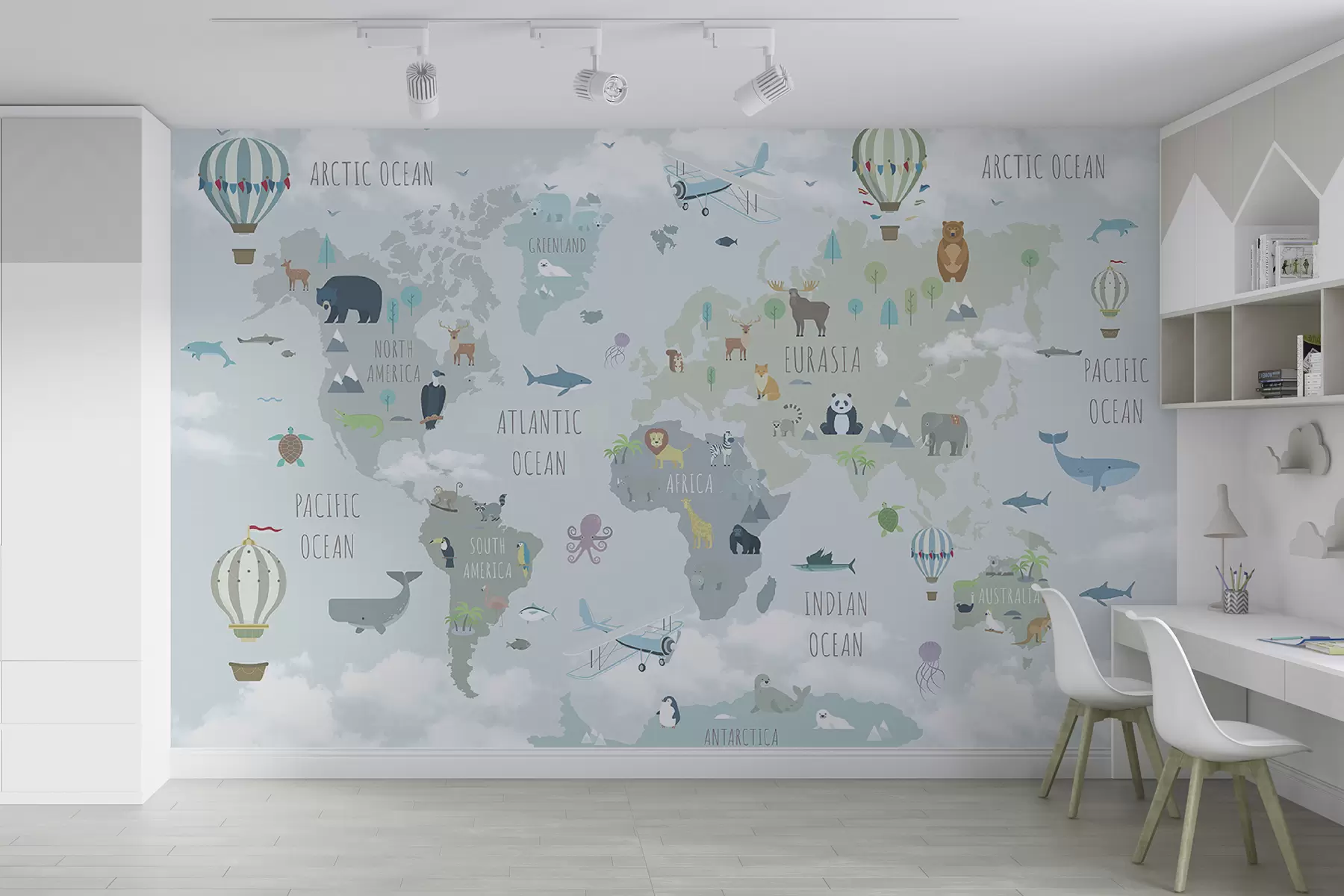 murais de parede Mapa mundial com animais e balões u96447