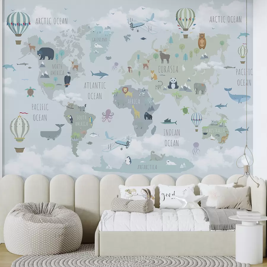 murais de parede Mapa mundial com animais e balões u96447