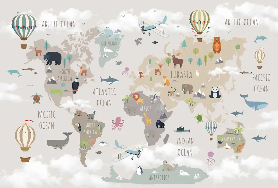 murais de parede Mapa mundial com animais e balões u96461