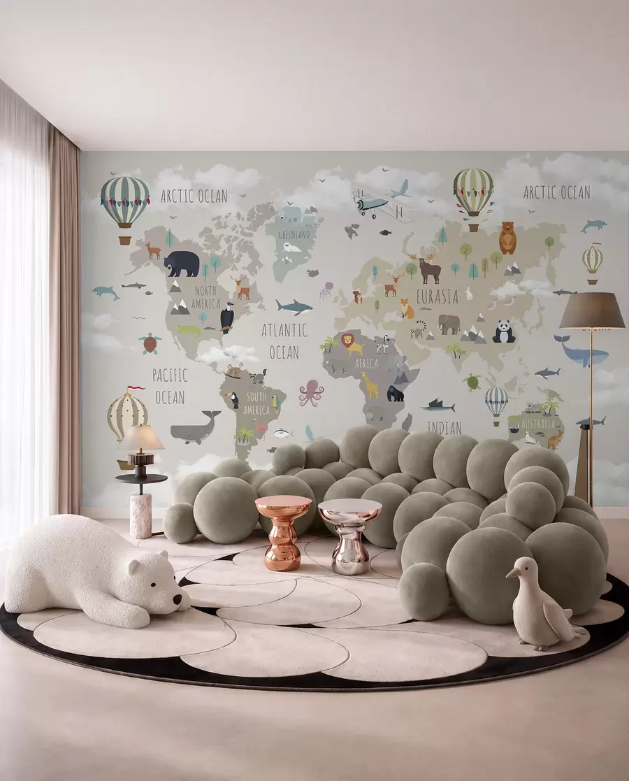 murais de parede Mapa mundial com animais e balões u96461