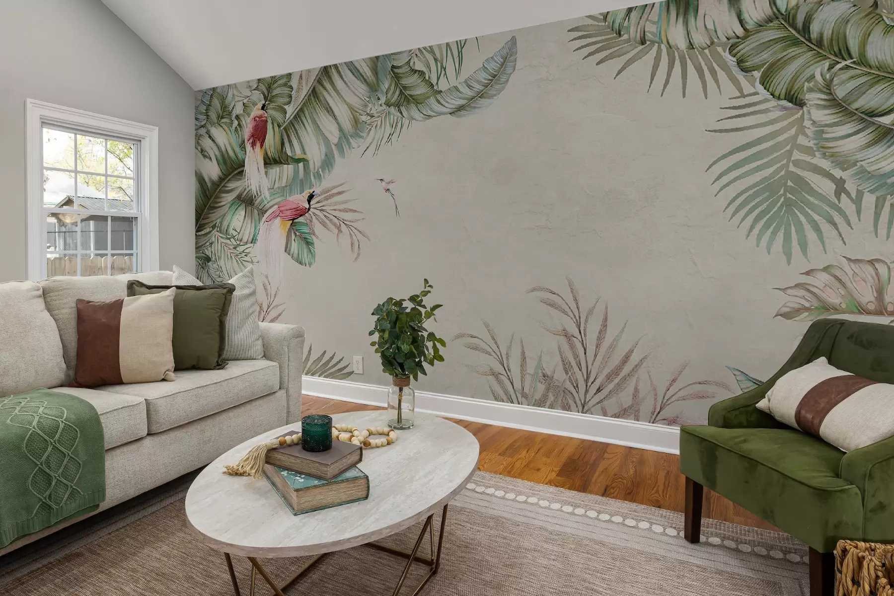 murais de parede Plantas tropicais e pássaros em plano de fundo texturizado u96550