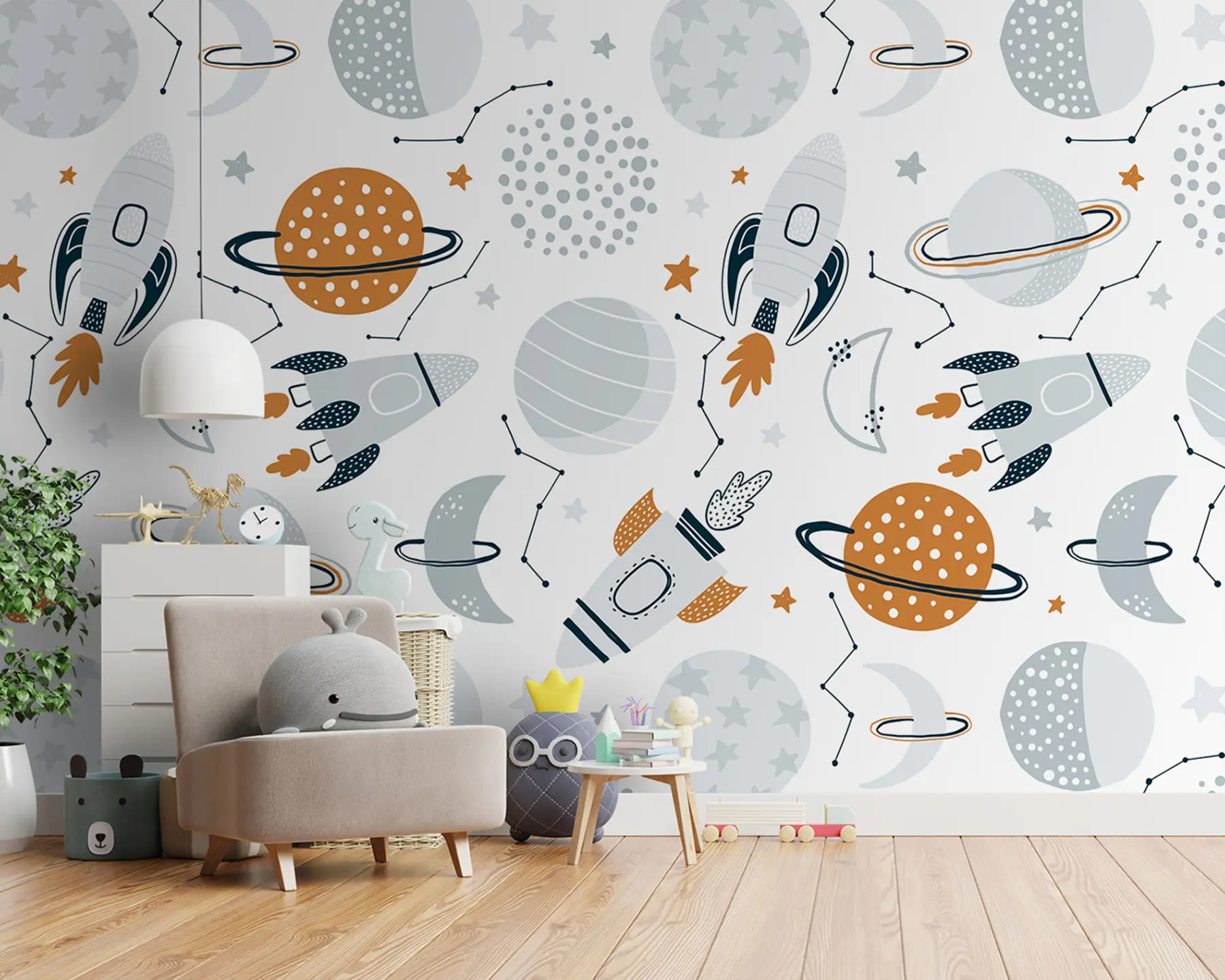 murais de parede Espaço com planetas, estrelas, constelações, foguetes, naves espaciais u96582