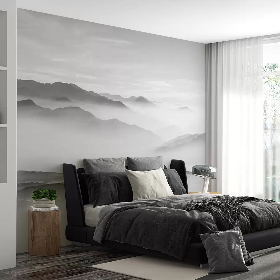 murais de parede Vista das montanhas cinzentas no nevoeiro minimalismo monocromático u96922