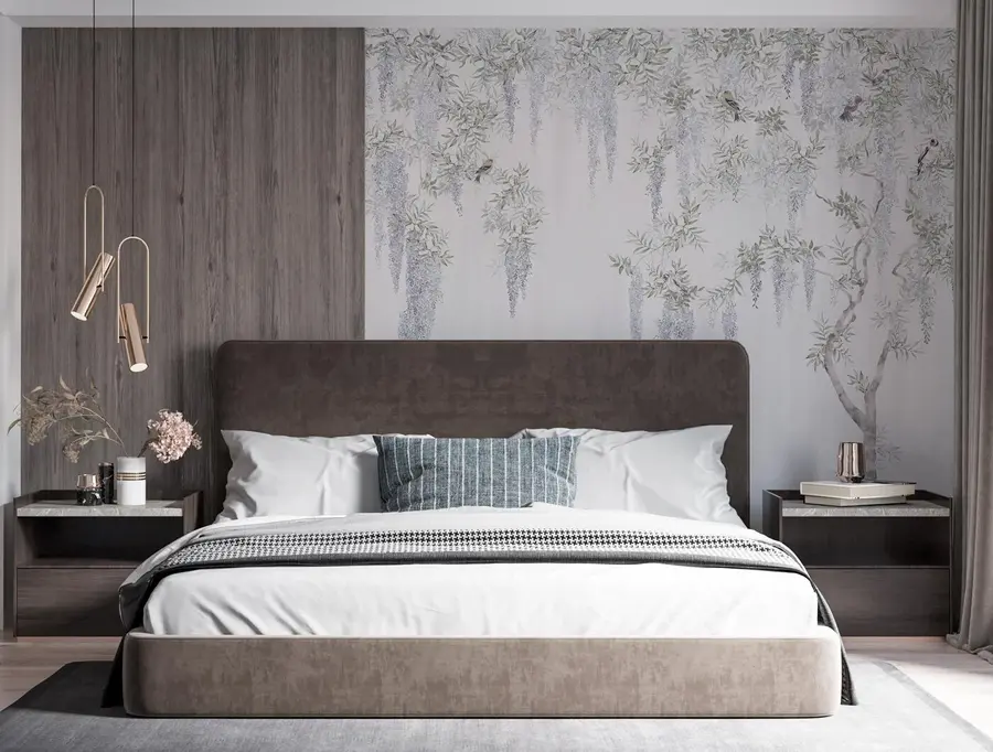 murais de parede Flores de glicínias, glicínias, minimalismo, monocromático, loft e estilo japonês u96928