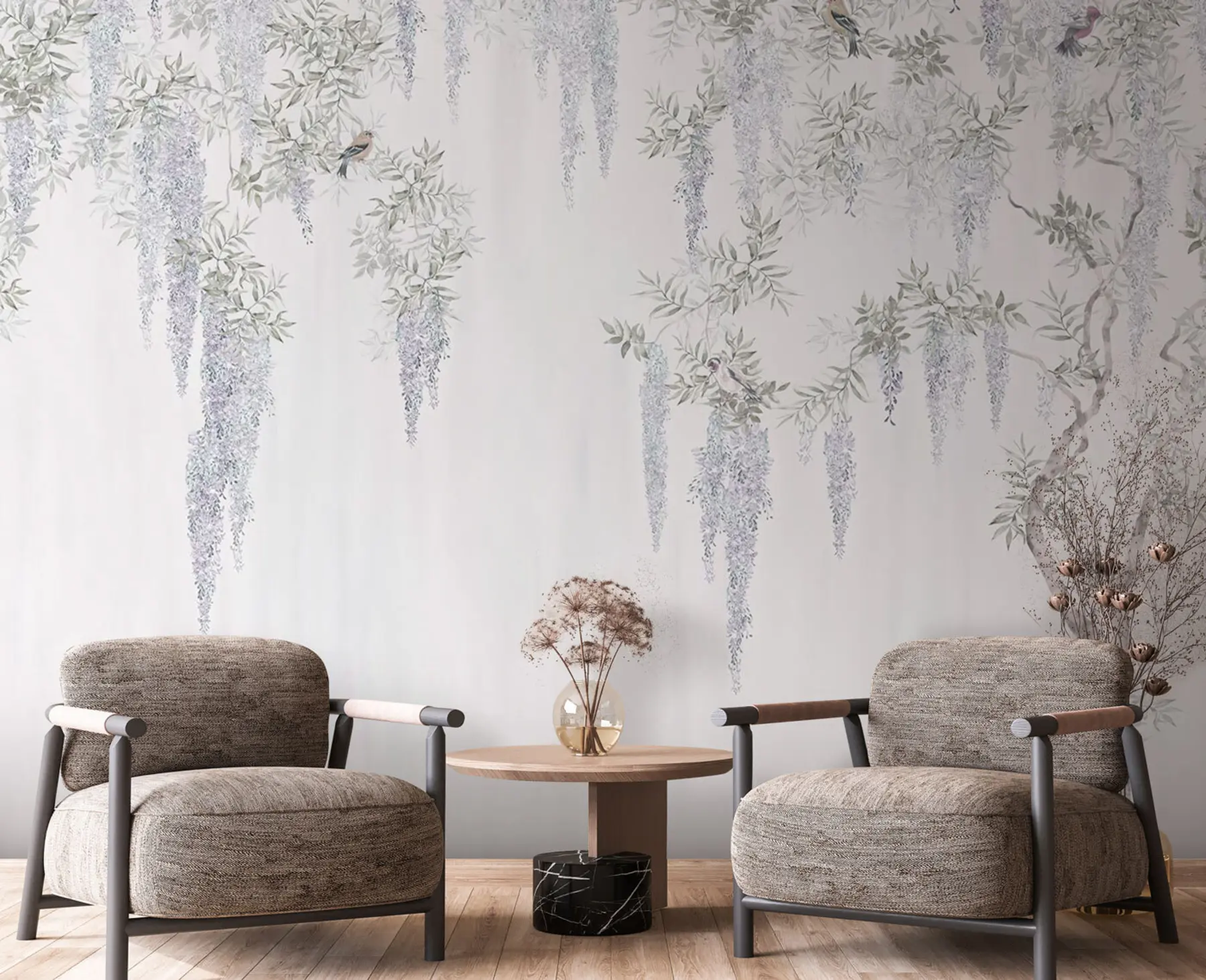 murais de parede Flores de glicínias, glicínias, minimalismo, monocromático, loft e estilo japonês u96928