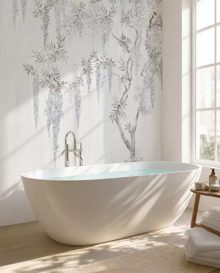 murais de parede Flores de glicínias, glicínias, minimalismo, monocromático, loft e estilo japonês u96928