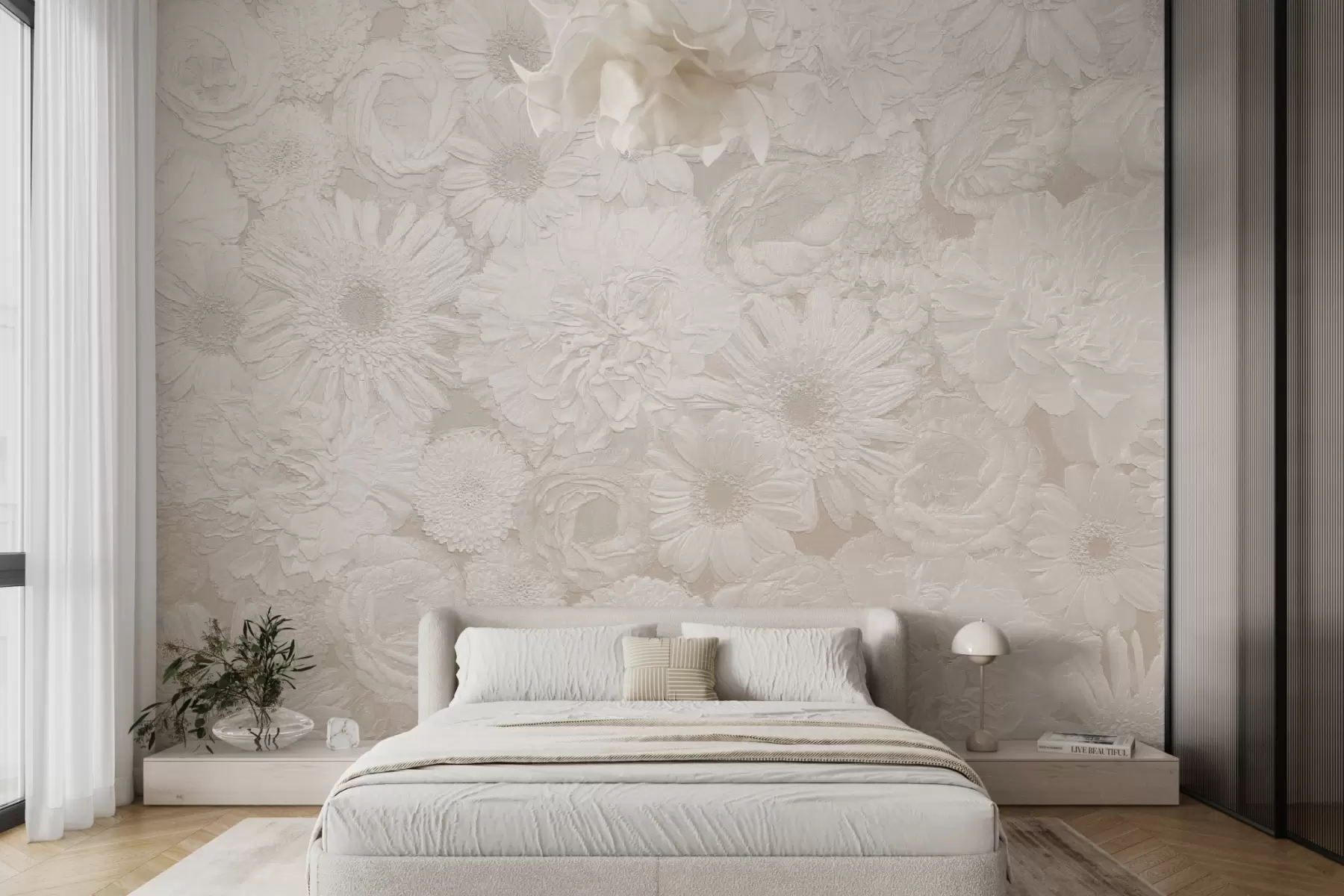 murais de parede Flores exuberantes no estilo rococó e boho monocromático u96930