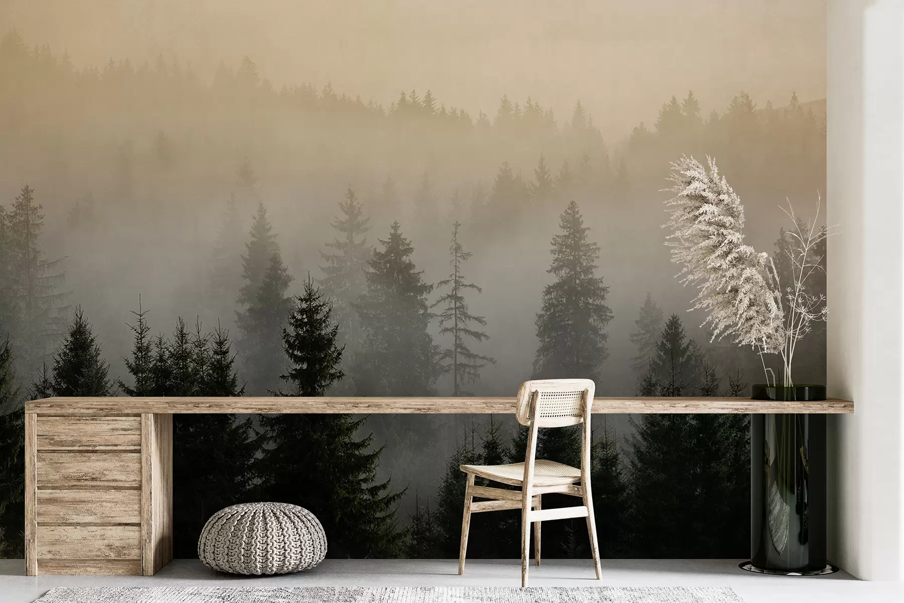 murais de parede Silhueta de um abeto vermelho escuro cercado por neblina u96999