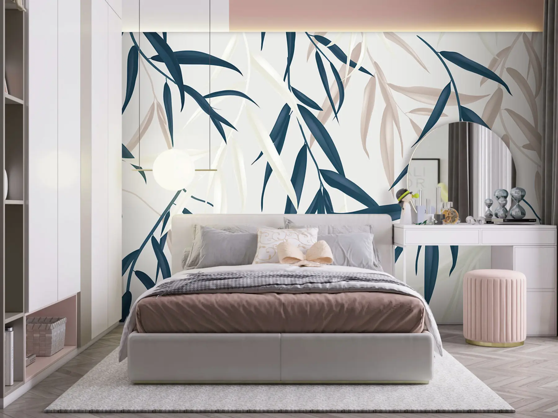 murais de parede Padrão floral, folhas coloridas de salgueiro-chorão sobre um fundo cinza claro u97022
