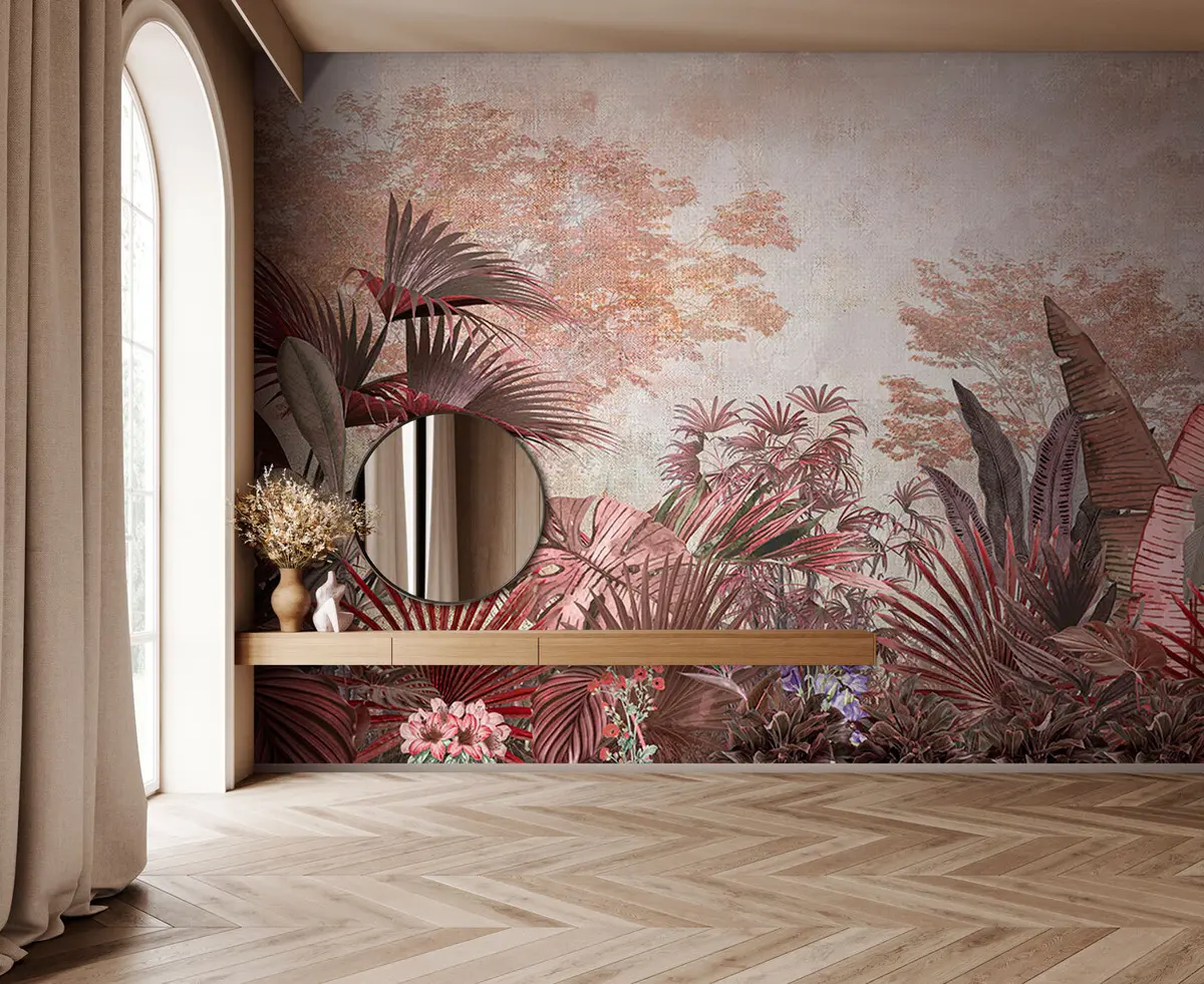 murais de parede Ilustração de papel de parede tropical vintage com folhagem de palmeira exótica u97104