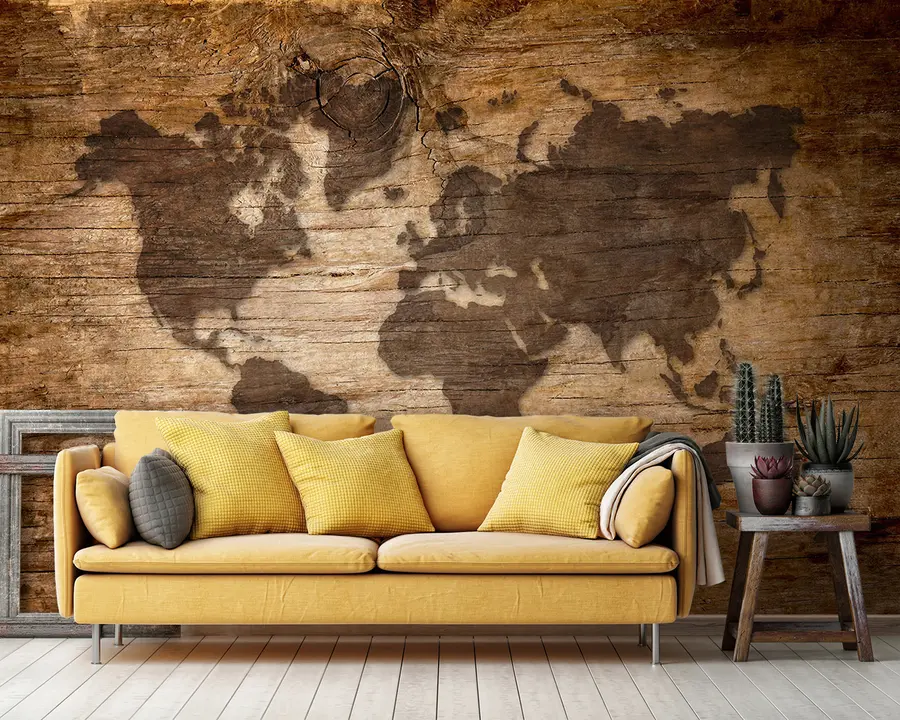 murais de parede Mapa mundial em fundo de madeira u96820