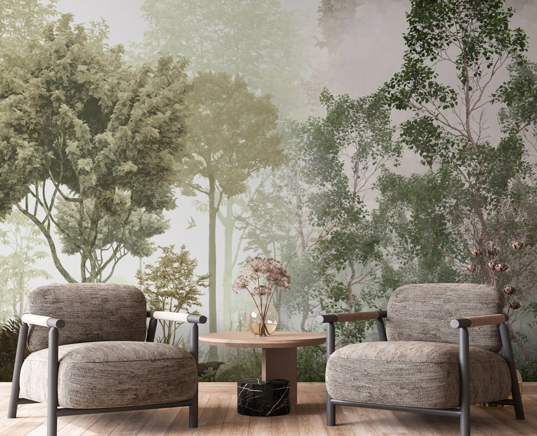 murais de parede Árvores tropicais e folhas em uma floresta nevoenta u97402