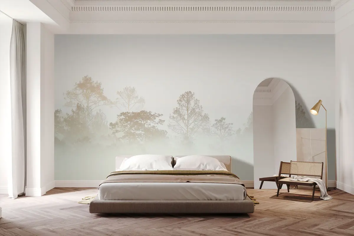 murais de parede Silhueta de um bosque na espessa neblina branca da manhã u97405