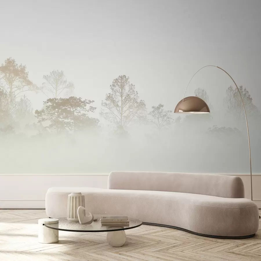 murais de parede Silhueta de um bosque na espessa neblina branca da manhã u97405