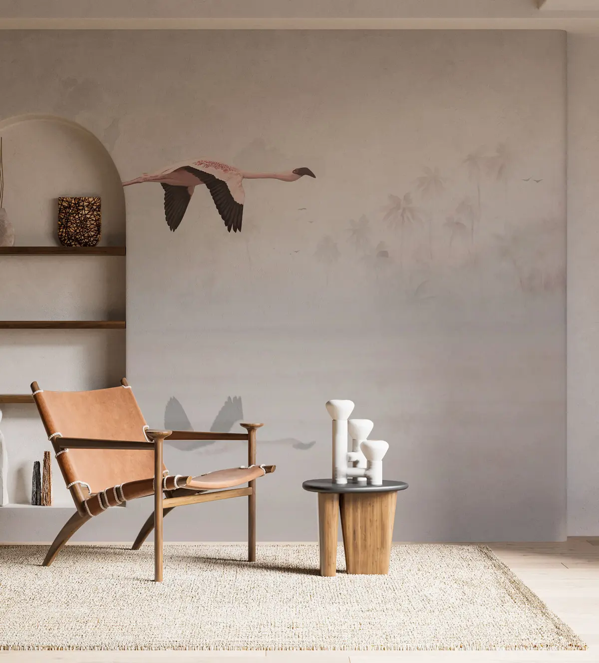 murais de parede Flamingos cor de rosa acima da praia e do mar da selva tropical u97457