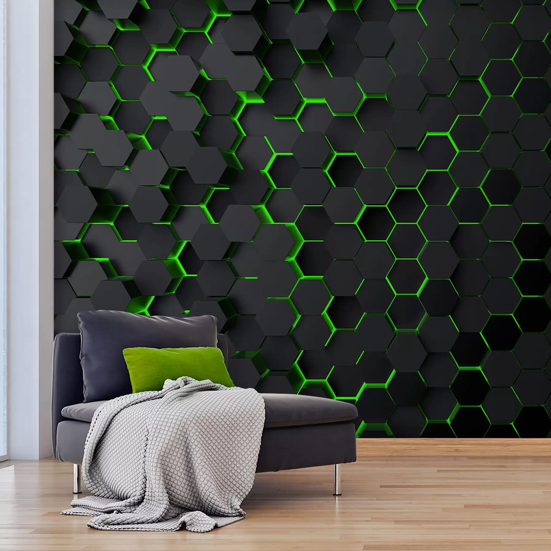 murais de parede Hexágonos pretos e brilho verde u93618v1