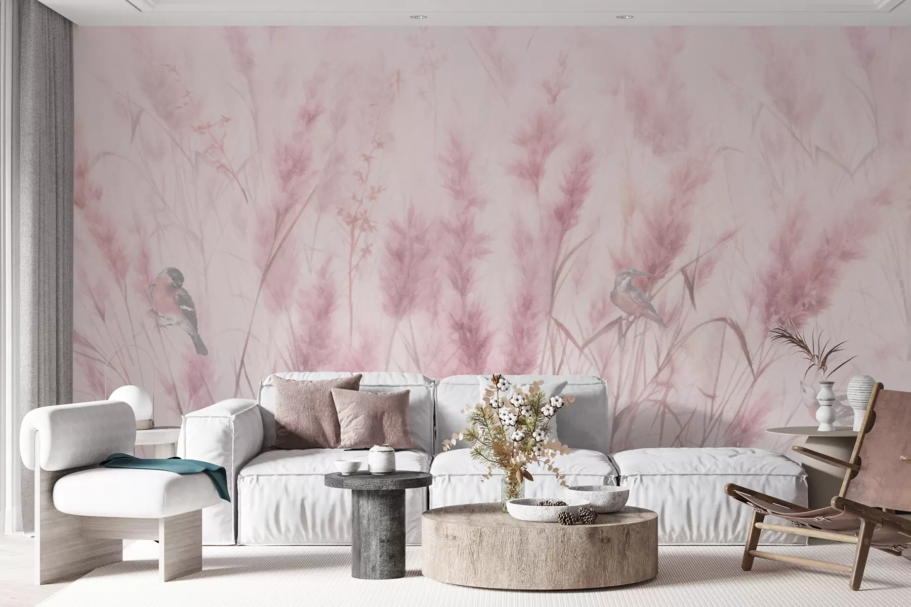 murais de parede Flores silvestres rosa com pássaros, campos de junco u97467