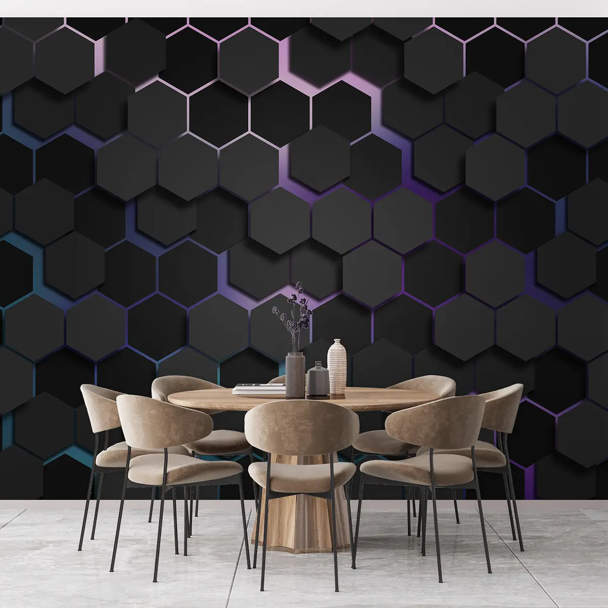 murais de parede Hexágonos pretos com efeito 3d em preto e roxo u79935v2
