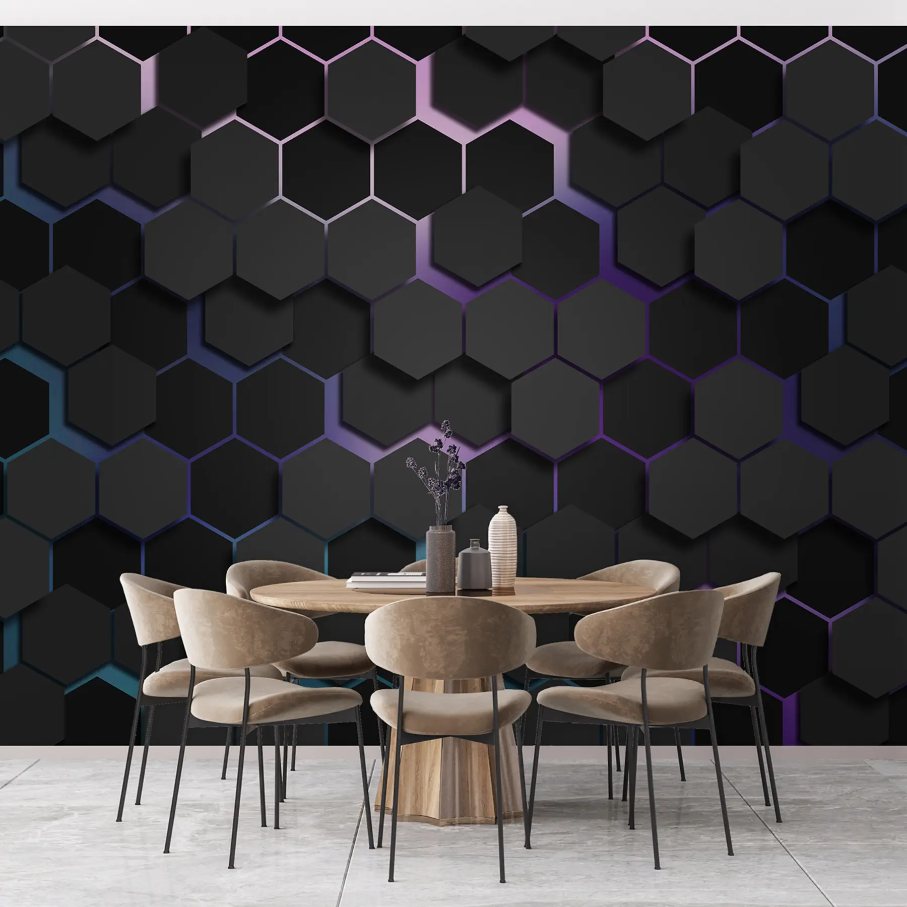 murais de parede Hexágonos pretos com efeito 3d em preto e roxo u79935v2