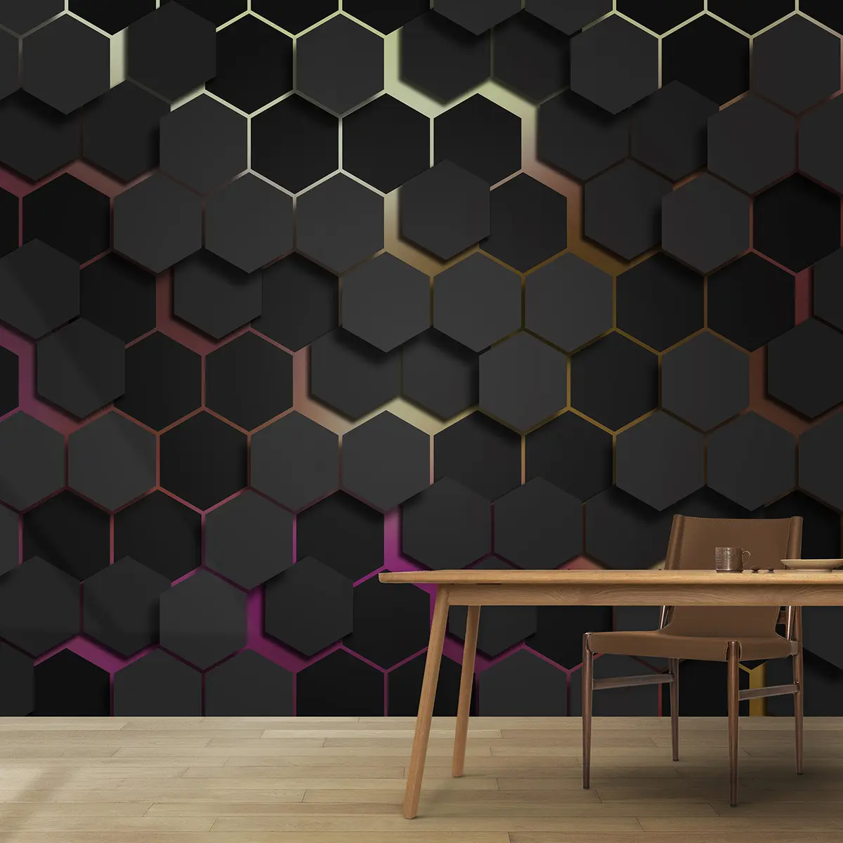 murais de parede Hexágonos pretos com efeito 3d em preto e cor-de-rosa u79935v3