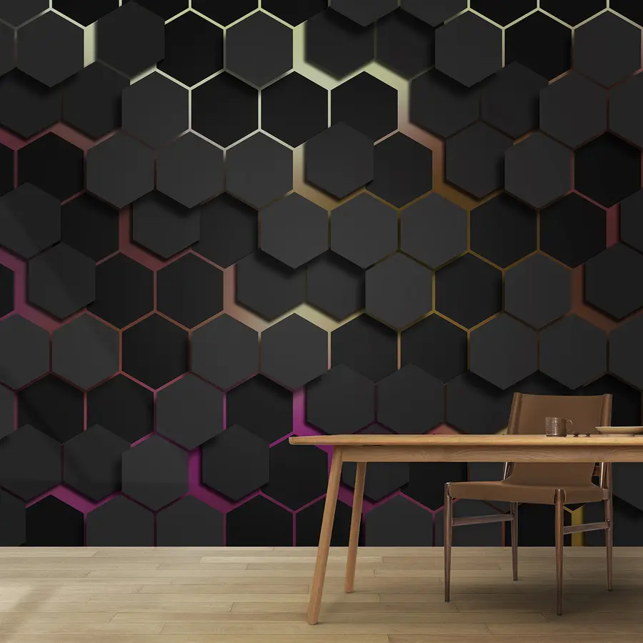 murais de parede Hexágonos pretos com efeito 3d em preto e cor-de-rosa u79935v3