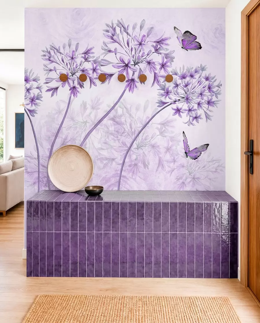 murais de parede Planta, flor e azul em tons de rosa u35495v3