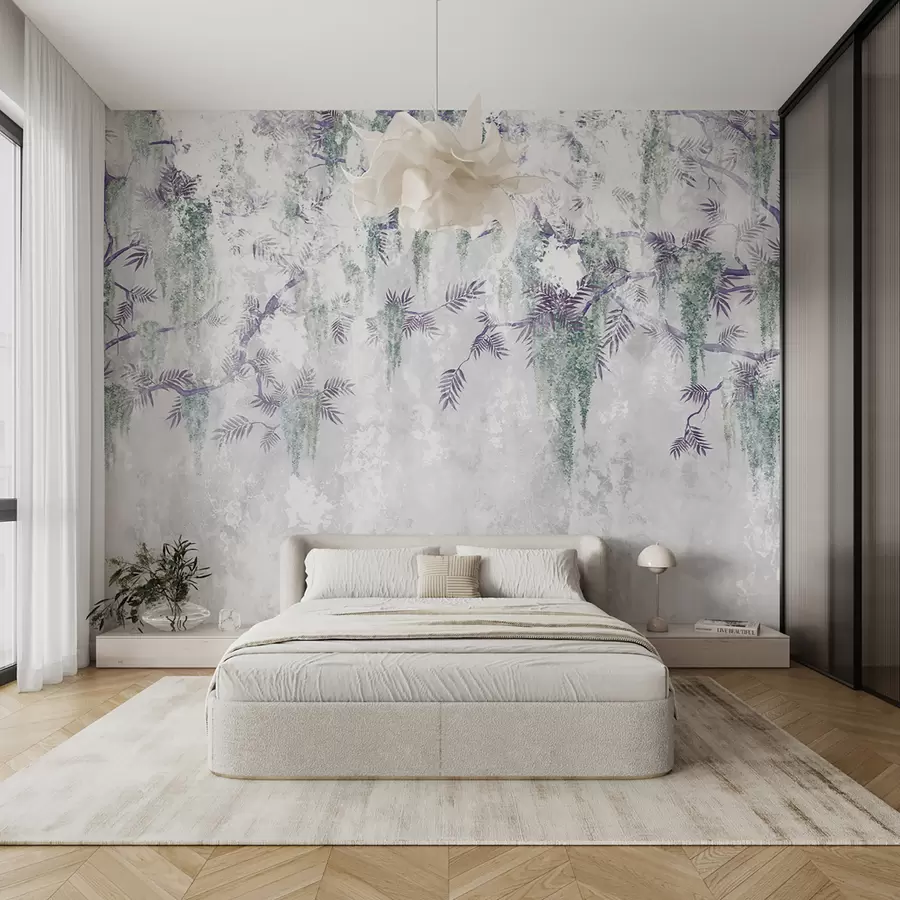 murais de parede Ramos grunge da moda pendurados com flores roxas em tons de azul u73816v1