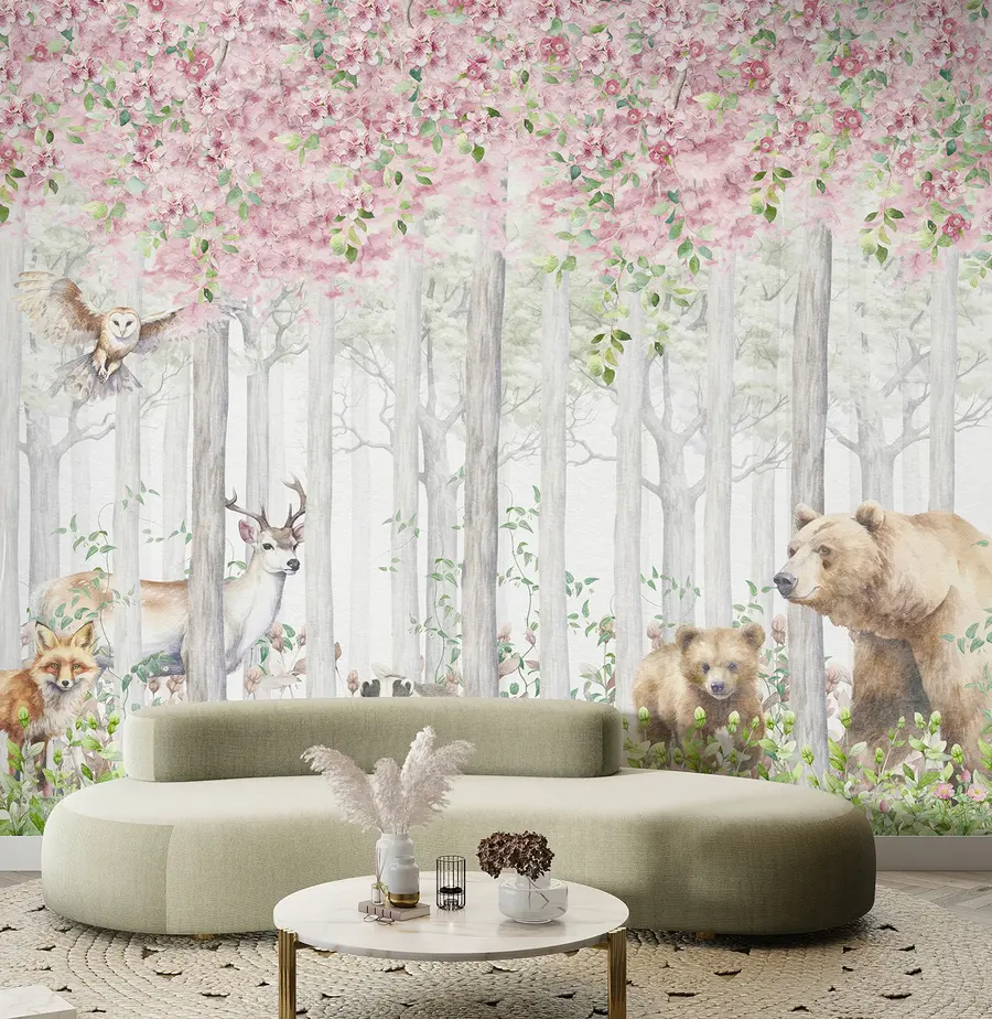 murais de parede Floresta florida com animais u97614