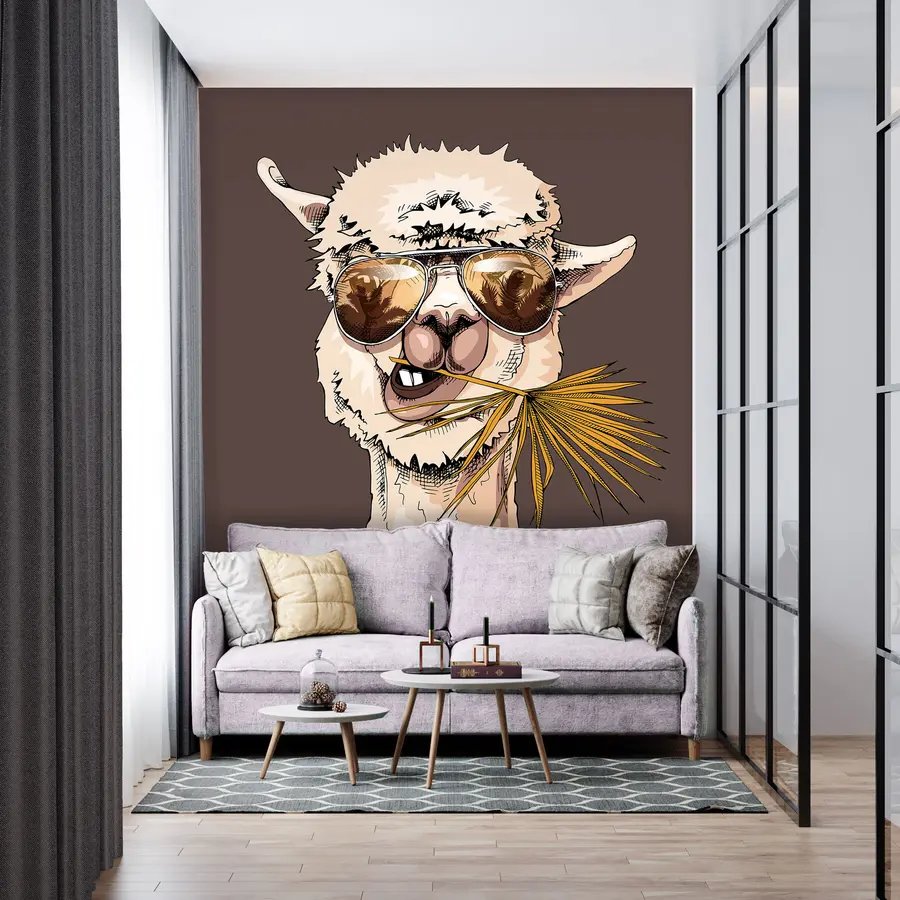 murais de parede Retrato de um lama de óculos de sol com uma folha de palmeira em leque u98177