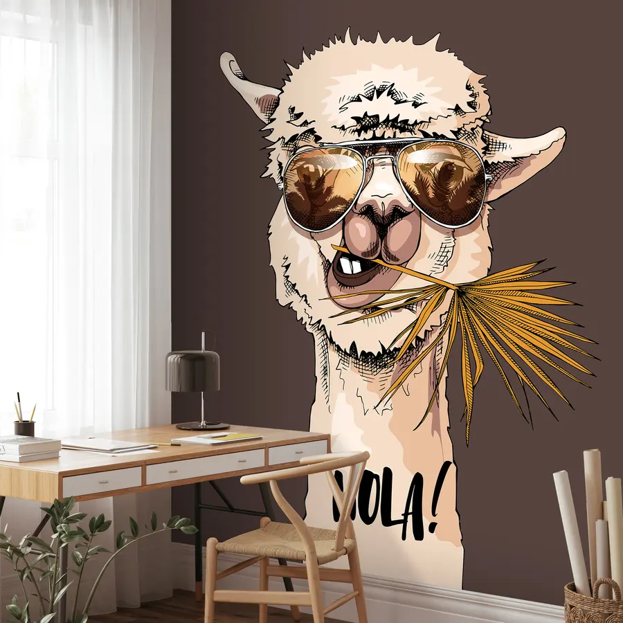 murais de parede Retrato de um lama de óculos de sol com uma folha de palmeira em leque u98177