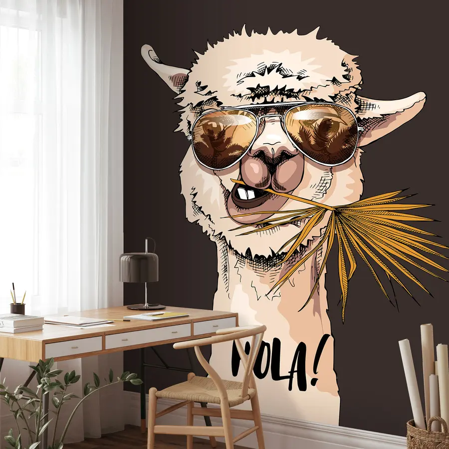 murais de parede Retrato de um lama de óculos de sol com uma folha de palmeira em leque u98177v2