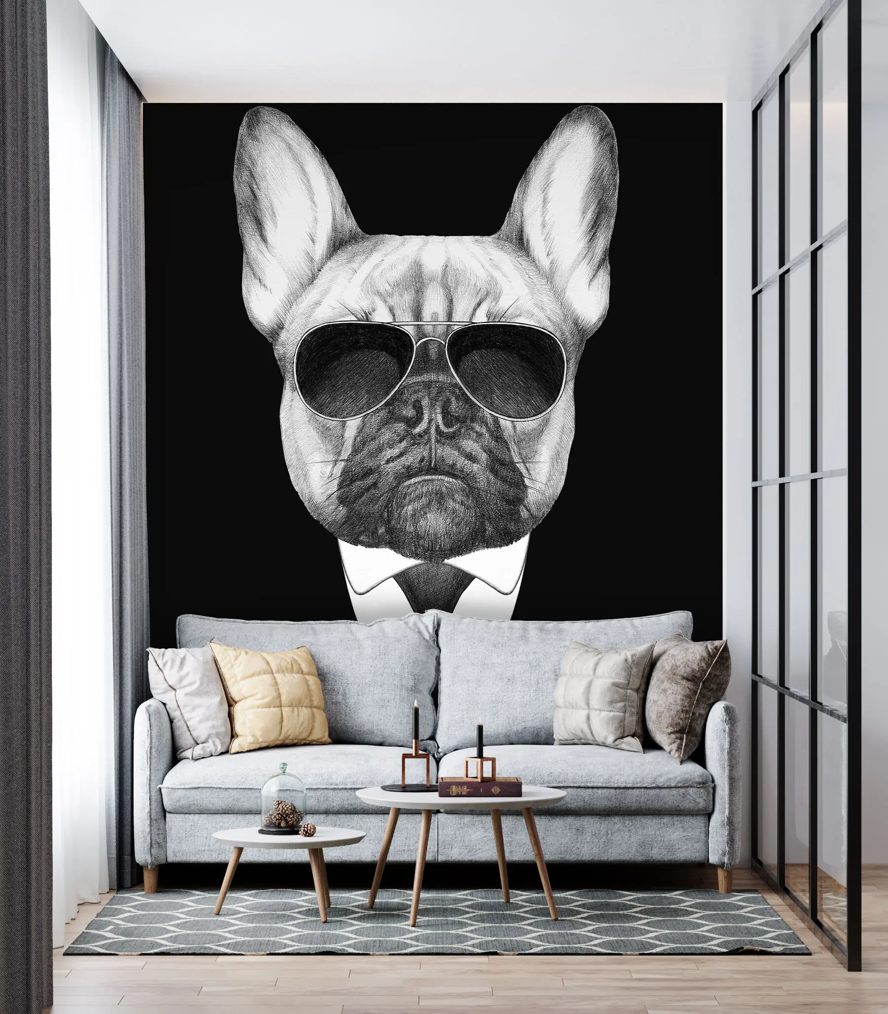 murais de parede Retrato de um Bulldog Francês de fato e óculos de sol u98183