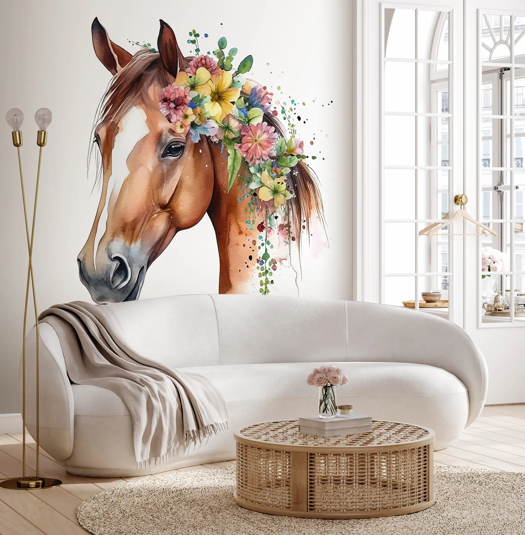 murais de parede Cavalo com flores em aguarela u98192